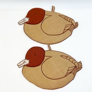 TWO Vintage Nantucket Pot Holders Brown Ducks Holiday Rustic Farm Cotton